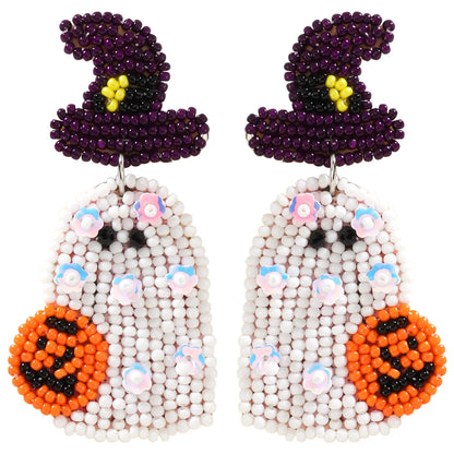 1 Pair Funny Pumpkin Ghost Grimace Plastic Resin Seed Bead Huichol Earrings Drop Earrings