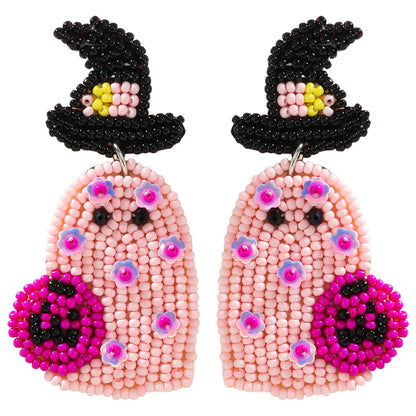 1 Pair Funny Pumpkin Ghost Grimace Plastic Resin Seed Bead Huichol Earrings Drop Earrings