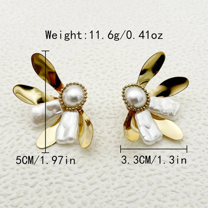 1 Pair Glam Commute Petal Plating Stainless Steel Artificial Pearl Gold Plated Ear Studs