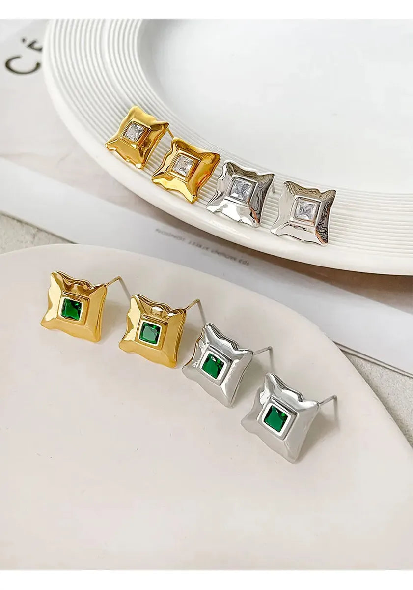 1 Pair Glam Lady Geometric Inlay Stainless Steel Zircon 18K Gold Plated Ear Studs