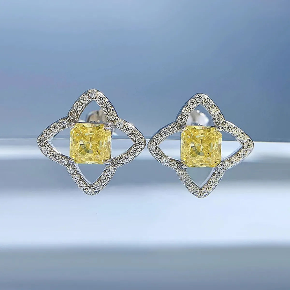 1 Pair Glam Luxurious Square Water Droplets Flower Sterling Silver Inlay Zircon Earrings