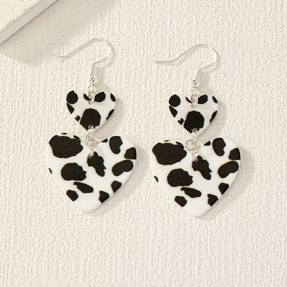 1 Pair Glam Queen Pastoral Cow Pattern Heart Shape Arylic Earrings