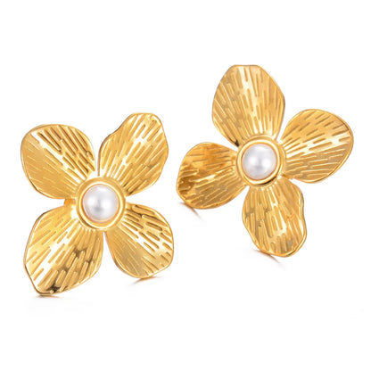 1 Pair Glam Retro Flower Plating Inlay Stainless Steel Artificial Pearls Ear Studs