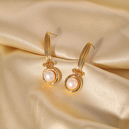 1 Pair Glam Retro Geometric Plating Inlay Copper Freshwater Pearl 18k Gold Plated Drop Earrings