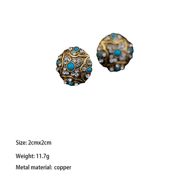 1 Pair Glam Retro Round Plating Inlay Copper Turquoise Zircon Ear Studs