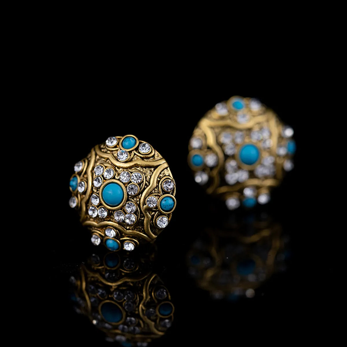 1 Pair Glam Retro Round Plating Inlay Copper Turquoise Zircon Ear Studs