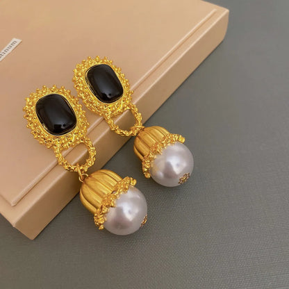 1 Pair Glam Retro Water Droplets Inlay Copper Artificial Pearls Resin Drop Earrings