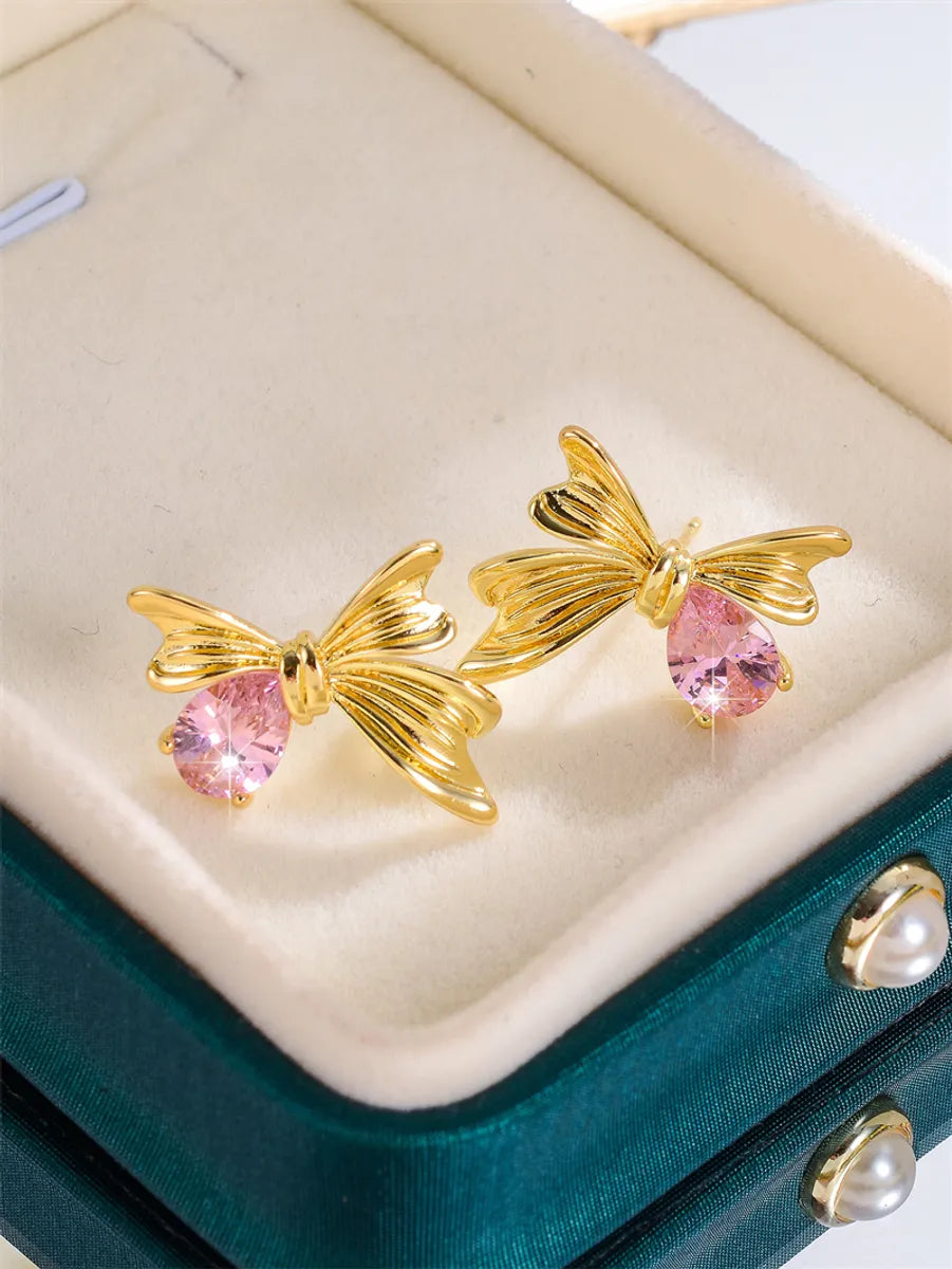 1 Pair Glam Shiny Flower Bow Knot Plating Inlay Copper Shell Zircon Gold Plated Ear Studs