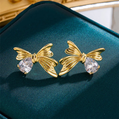 1 Pair Glam Shiny Flower Bow Knot Plating Inlay Copper Shell Zircon Gold Plated Ear Studs