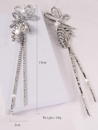 1 Pair Glam Shiny Heart Shape Bow Knot Grain Tassel Inlay Alloy Rhinestones Drop Earrings