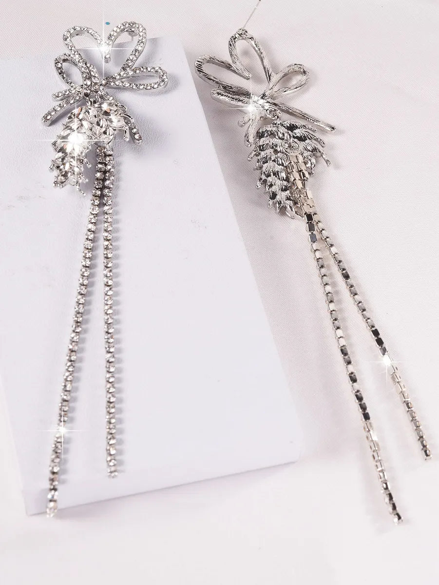 1 Pair Glam Shiny Heart Shape Bow Knot Grain Tassel Inlay Alloy Rhinestones Drop Earrings