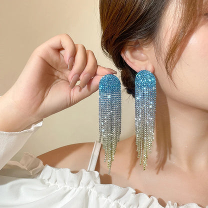 1 Pair Glam Shiny Tassel Plating Inlay Alloy Rhinestones Silver Plated Drop Earrings