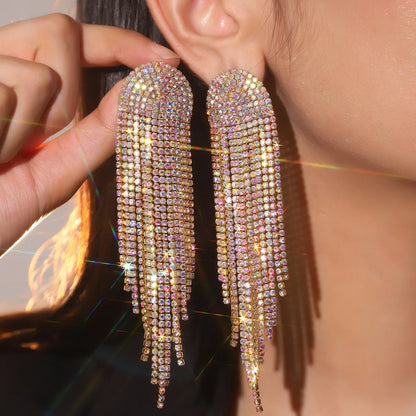 1 Pair Glam Shiny Tassel Plating Inlay Alloy Rhinestones Silver Plated Drop Earrings