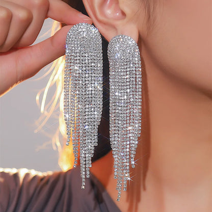 1 Pair Glam Shiny Tassel Plating Inlay Alloy Rhinestones Silver Plated Drop Earrings