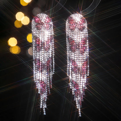 1 Pair Glam Shiny Tassel Plating Inlay Alloy Rhinestones Silver Plated Drop Earrings