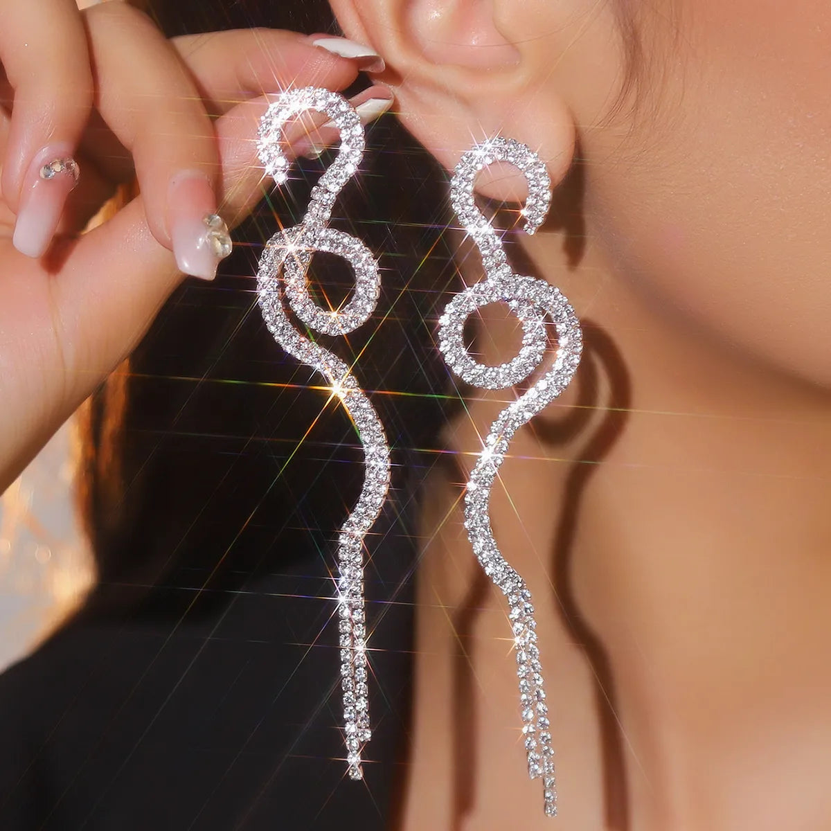 1 Pair Glam Shiny Tassel Rhinestone Drop Earrings