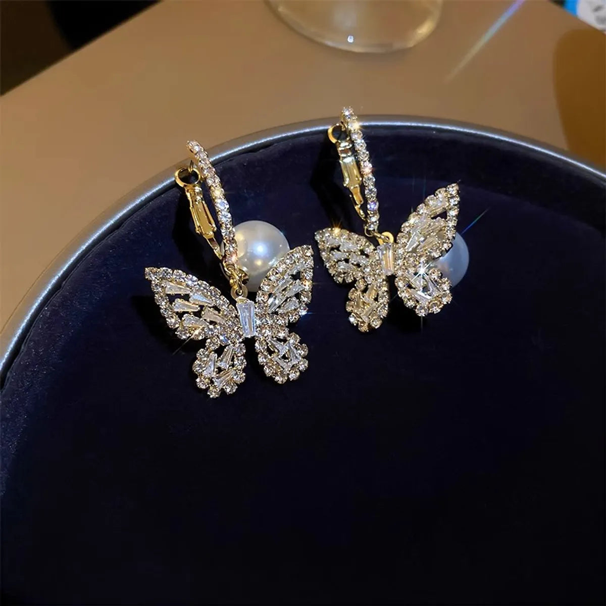 1 Pair Glam Simple Style Butterfly Plating Inlay Imitation Pearl Alloy Artificial Rhinestones Zircon 14k Gold Plated Drop Earrings