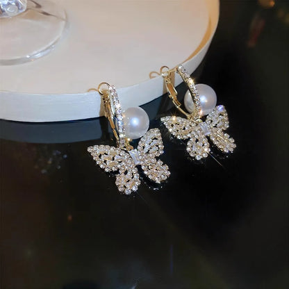 1 Pair Glam Simple Style Butterfly Plating Inlay Imitation Pearl Alloy Artificial Rhinestones Zircon 14k Gold Plated Drop Earrings