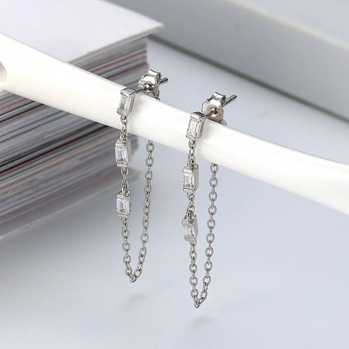 1 Pair Glam Simple Style Chain Polishing Plating Inlay Sterling Silver Zircon White Gold Plated Rhodium Plated Drop Earrings