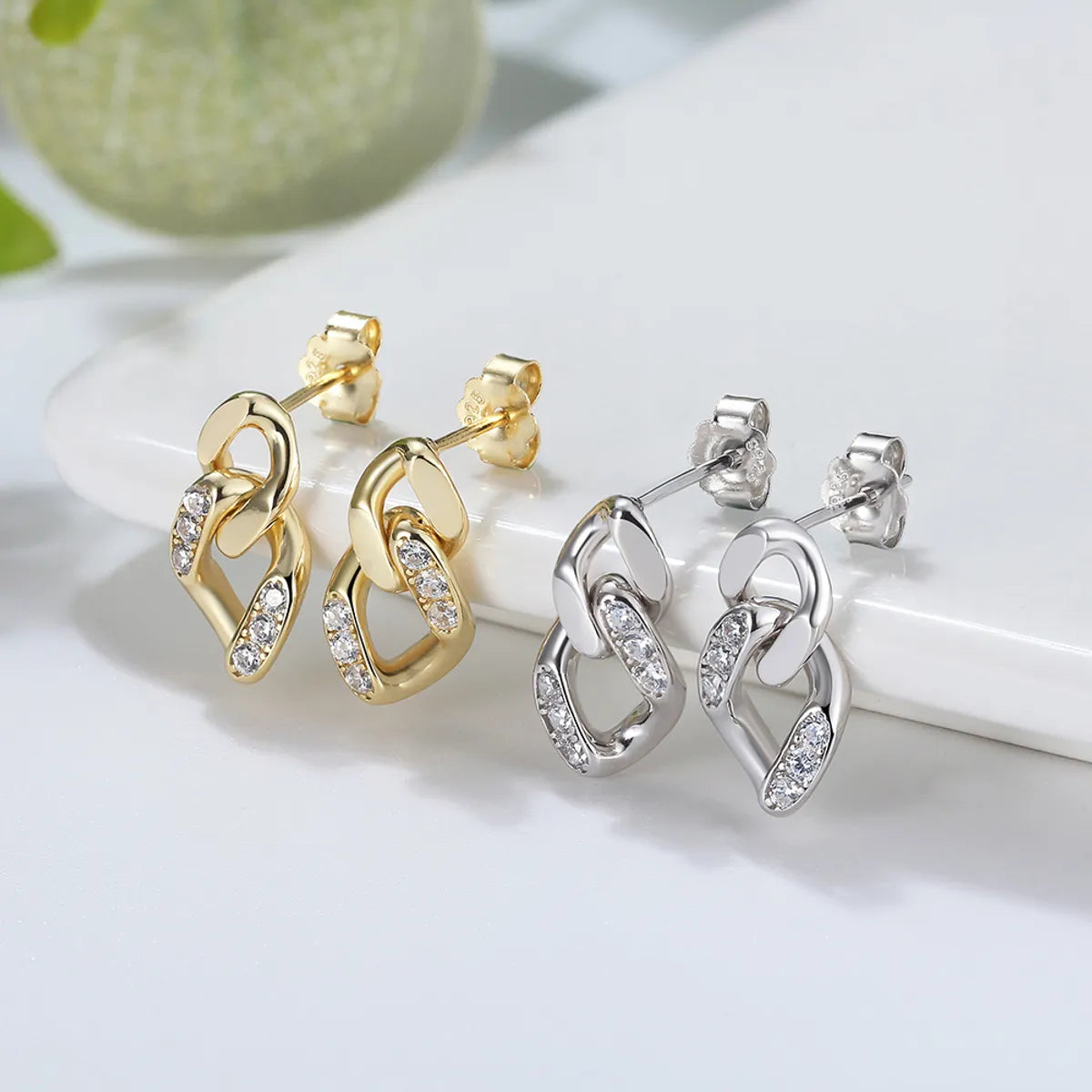 1 Pair Glam Simple Style Chain Polishing Plating Inlay Sterling Silver Zircon White Gold Plated Rhodium Plated Ear Studs