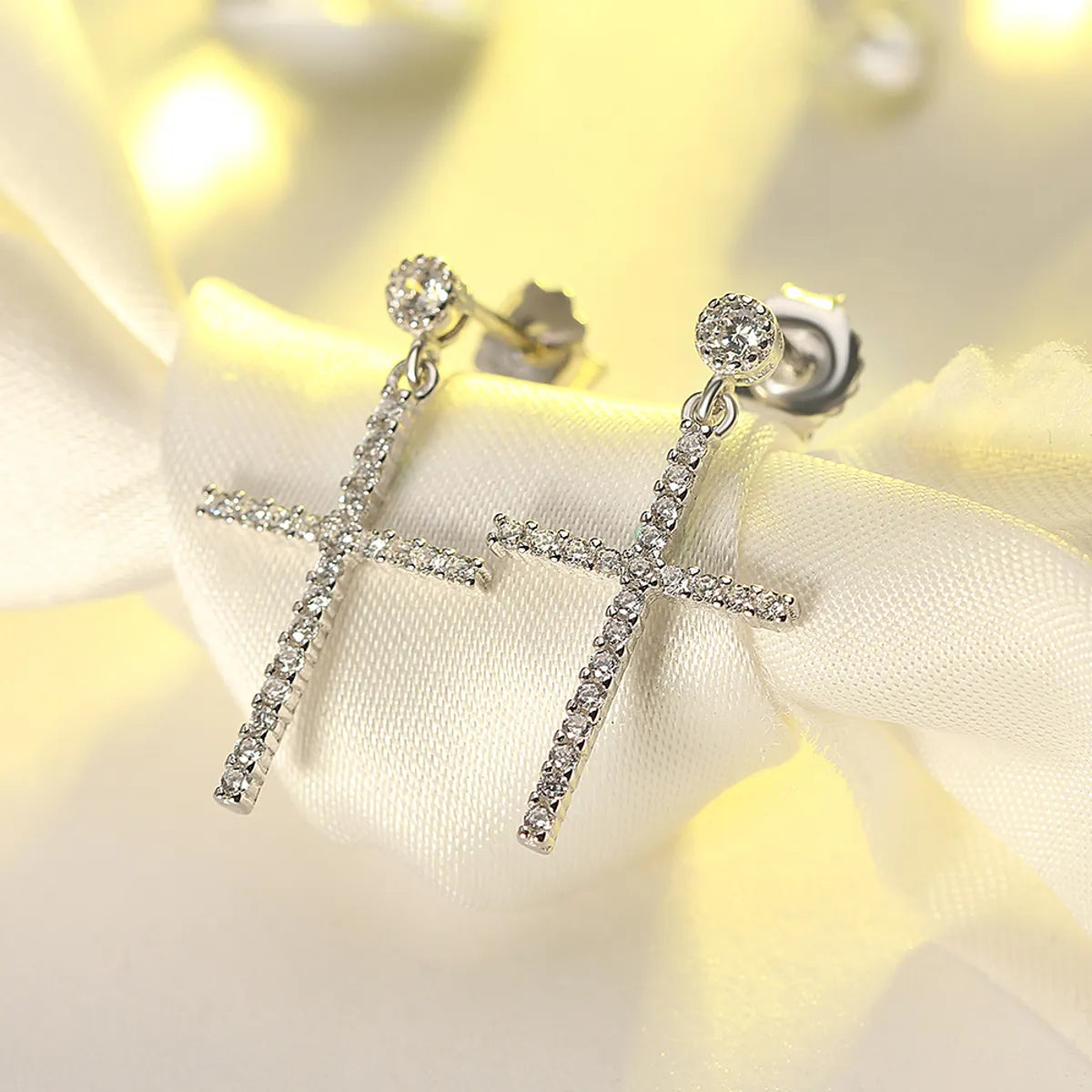 1 Pair Glam Simple Style Cross Polishing Plating Inlay Sterling Silver Zircon White Gold Plated Drop Earrings