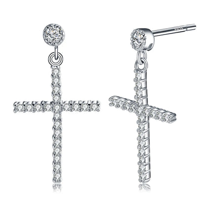 1 Pair Glam Simple Style Cross Polishing Plating Inlay Sterling Silver Zircon White Gold Plated Drop Earrings