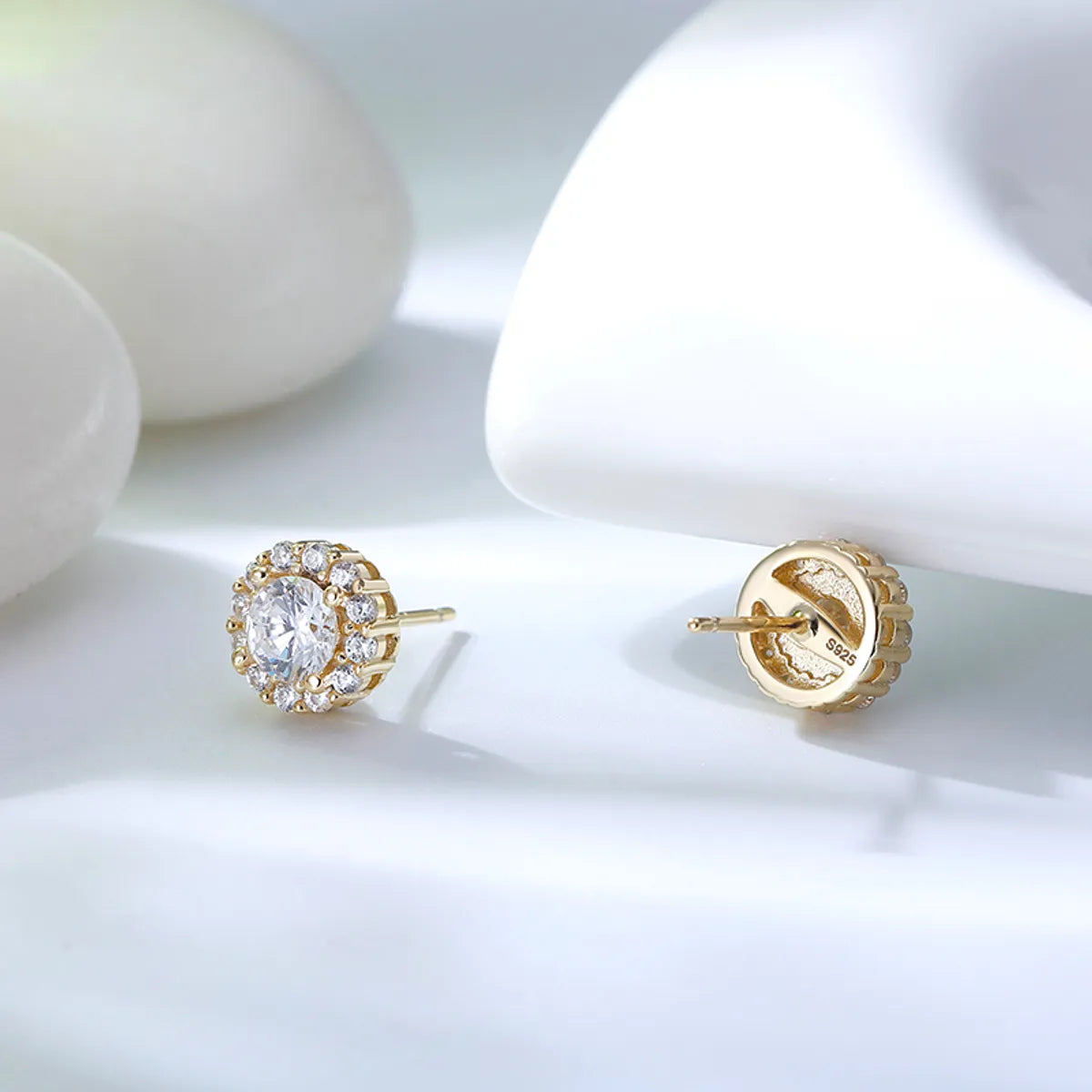 1 Pair Glam Simple Style Round Polishing Plating Inlay Sterling Silver Zircon White Gold Plated Rhodium Plated Ear Studs