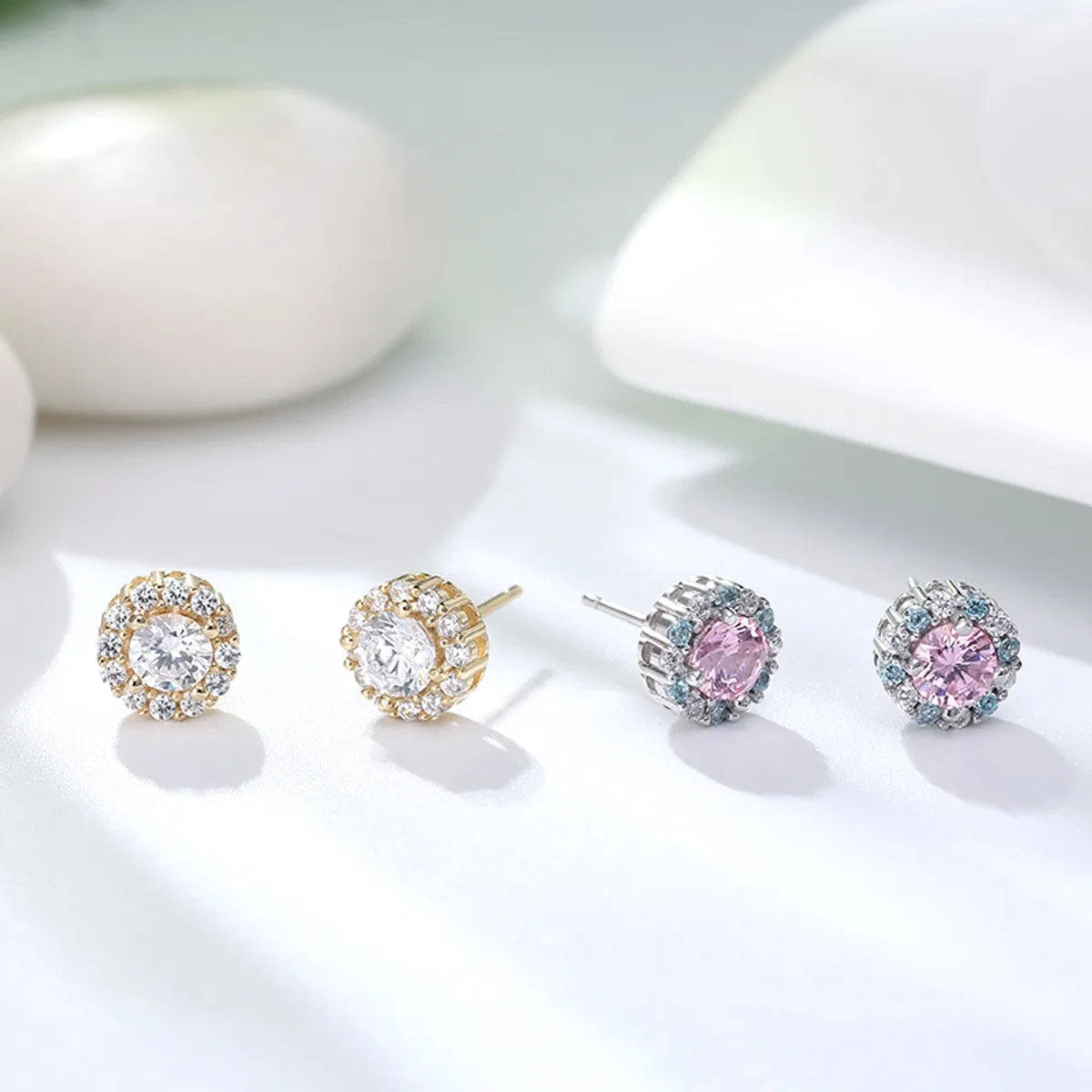 1 Pair Glam Simple Style Round Polishing Plating Inlay Sterling Silver Zircon White Gold Plated Rhodium Plated Ear Studs