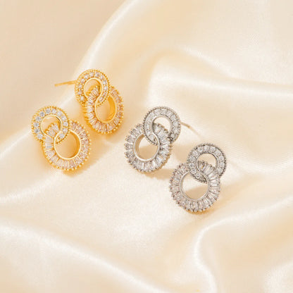 1 Pair Glam Simple Style Shiny Double Ring Inlay Copper Zircon K Gold Plated Rhodium Plated Ear Studs