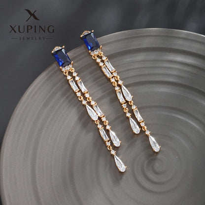 1 Pair Glam XUPING Shiny Square Oval Tassel Inlay Copper Artificial Gemstones 18K Gold Plated Drop Earrings