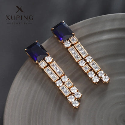 1 Pair Glam XUPING Shiny Square Oval Tassel Inlay Copper Artificial Gemstones 18K Gold Plated Drop Earrings