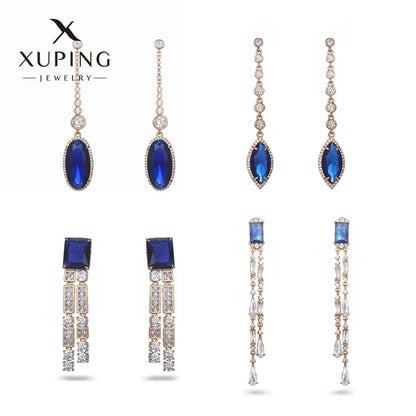 1 Pair Glam XUPING Shiny Square Oval Tassel Inlay Copper Artificial Gemstones 18K Gold Plated Drop Earrings