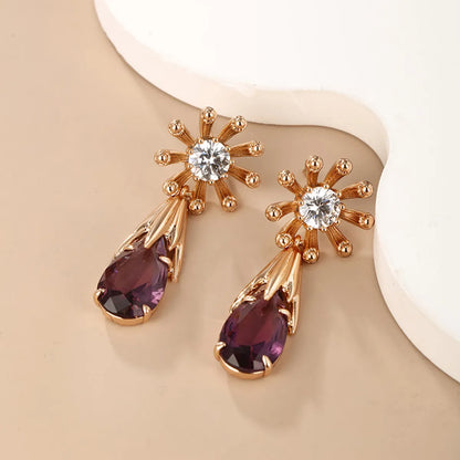 1 Pair Glam Xuping Shiny Water Droplets Flower Plating Inlay Alloy Copper Alloy Artificial Gemstones 18k Gold Plated Drop Earrings