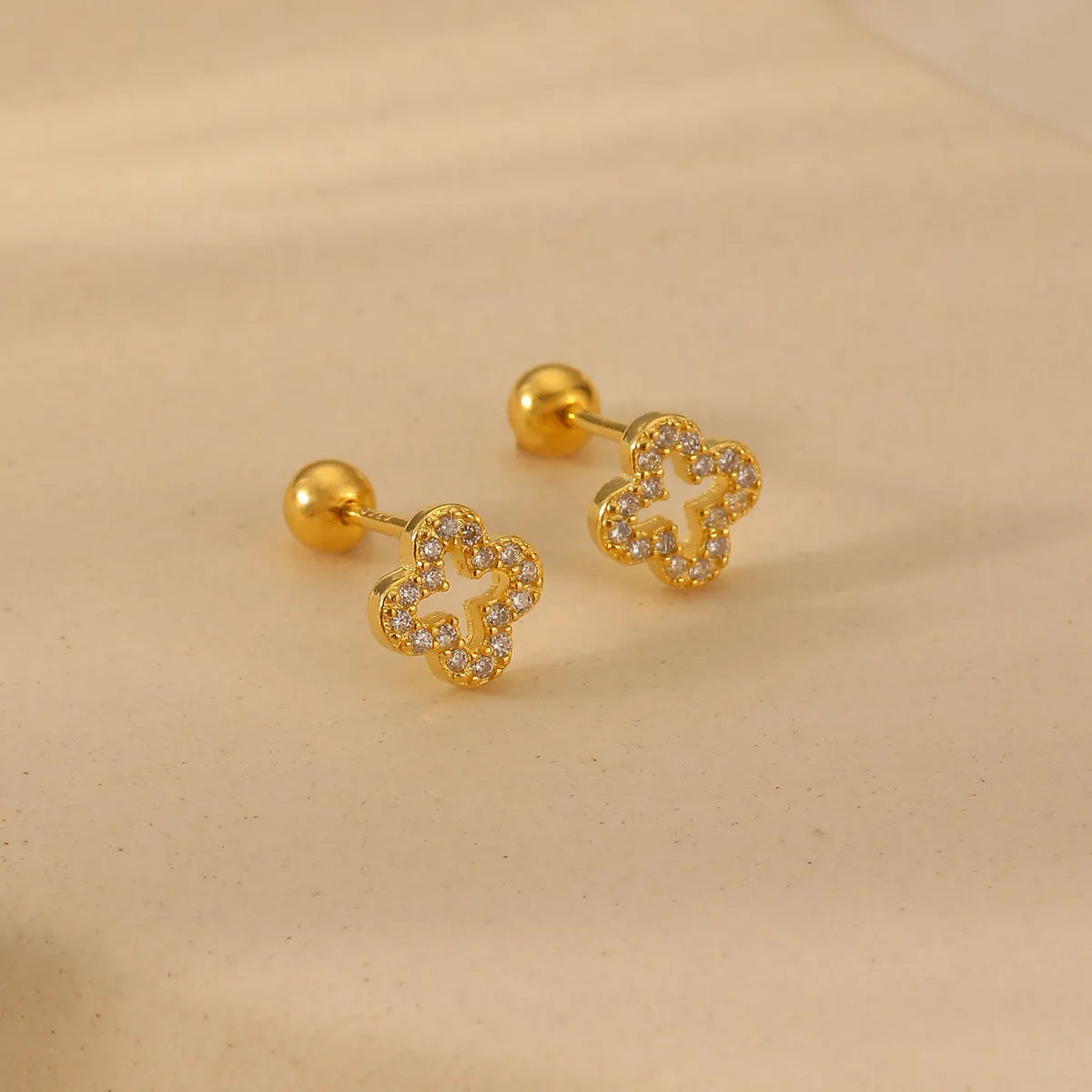 1 Pair Gold Plated Sterling Silver Zircon Four Leaf Clover Ear Studs