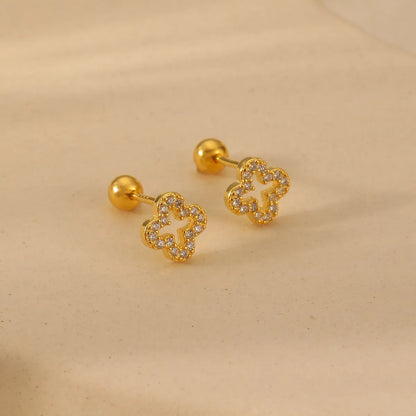 1 Pair Gold Plated Sterling Silver Zircon Four Leaf Clover Ear Studs