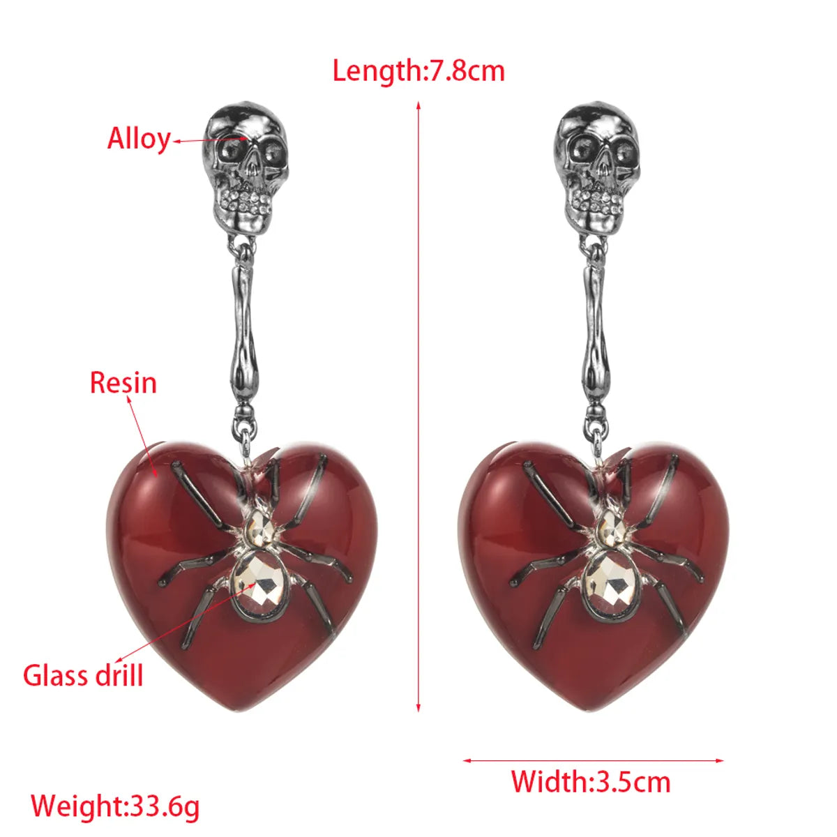 1 Pair Gothic Funny Heart Shape Spider Skull Inlay Alloy Rhinestones Black Plated Gun Drop Earrings