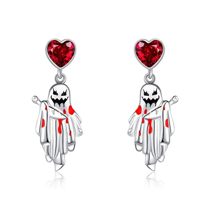 1 Pair Gothic Heart Shape Blood Stains Ghost Alloy Rhinestones Drop Earrings