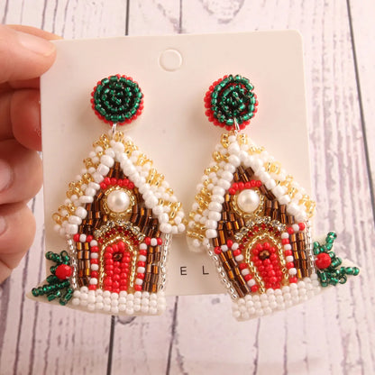 1 Pair Handmade House Snowman Handmade Beaded Glass Drop Earrings