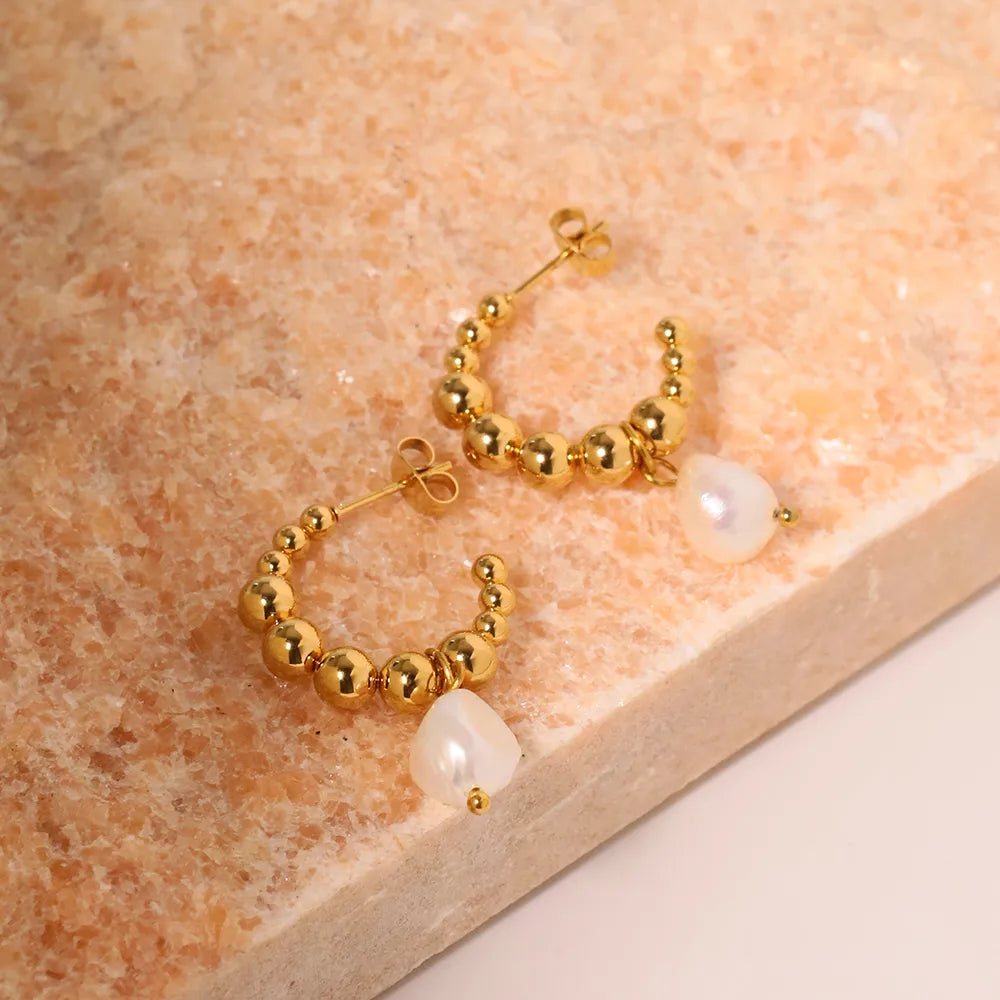 1 Pair Handmade Solid Color Inlay 304 Stainless Steel Pearl 18K Gold Plated Drop Earrings