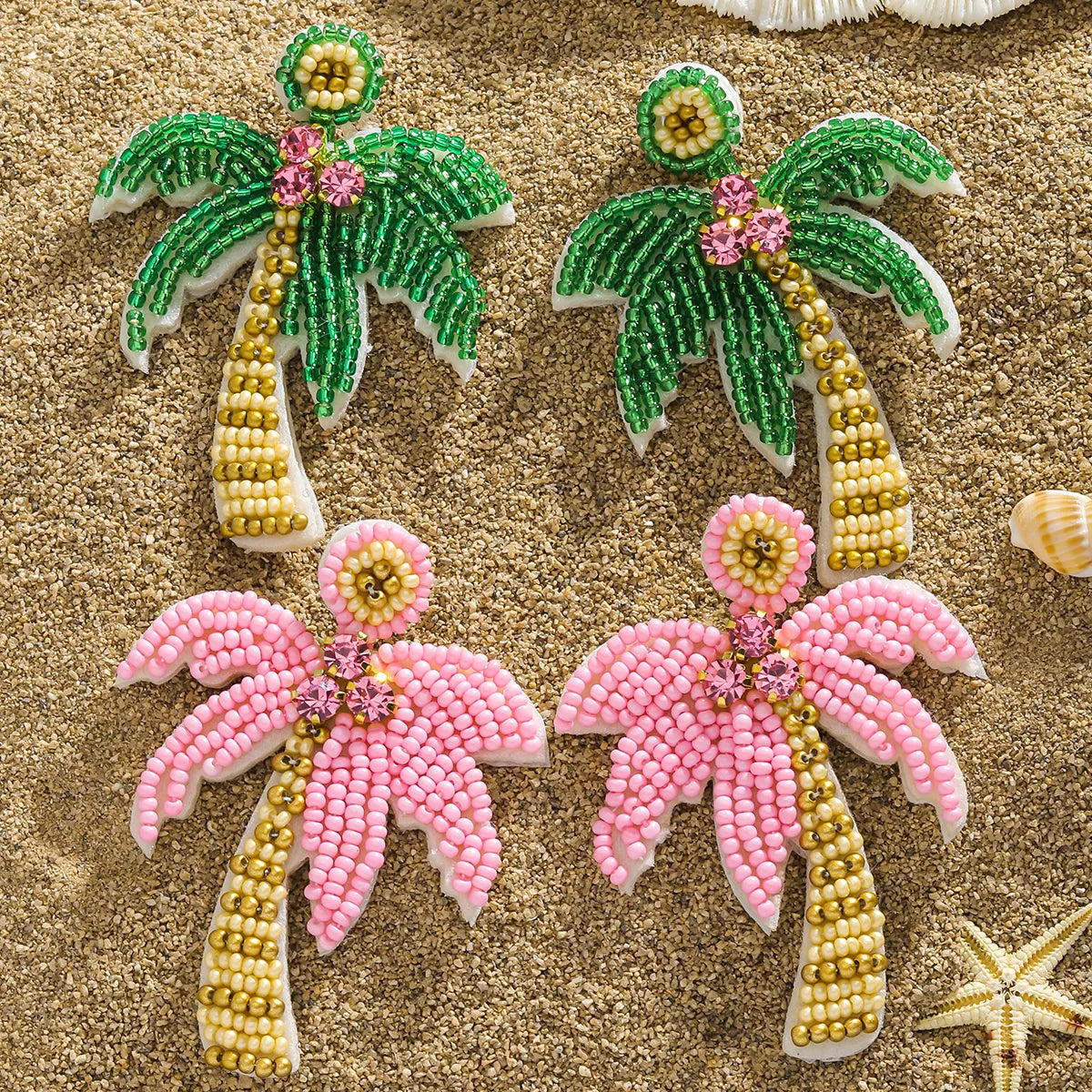 1 Pair Hawaiian Tropical Coconut Tree Inlay Seed Bead Rhinestones Drop Earrings