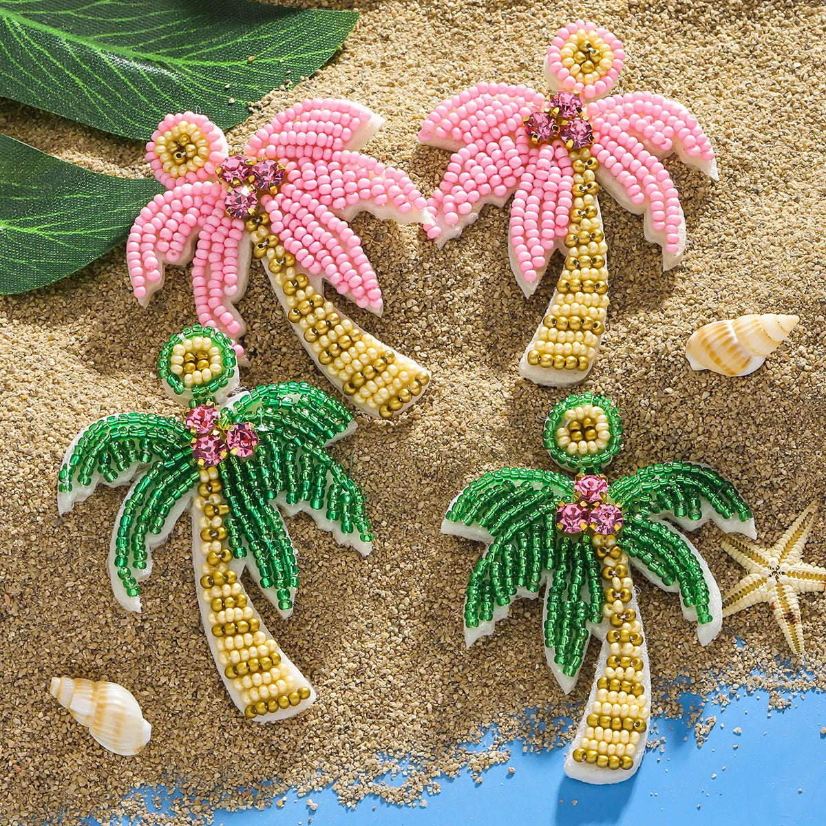 1 Pair Hawaiian Tropical Coconut Tree Inlay Seed Bead Rhinestones Drop Earrings