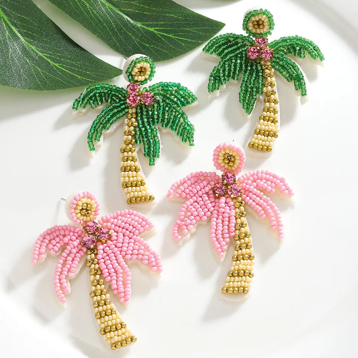 1 Pair Hawaiian Tropical Coconut Tree Inlay Seed Bead Rhinestones Drop Earrings