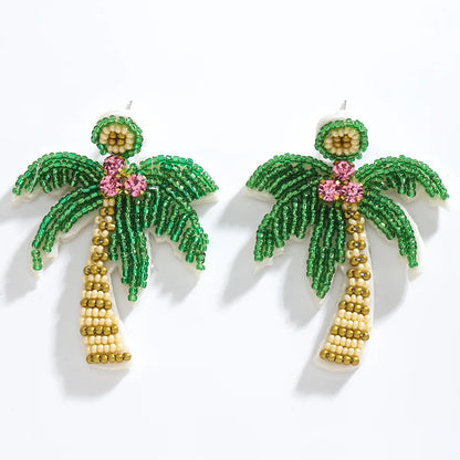 1 Pair Hawaiian Tropical Coconut Tree Inlay Seed Bead Rhinestones Drop Earrings