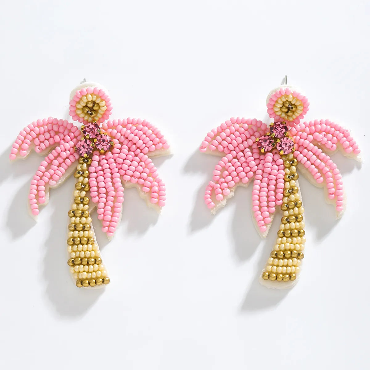 1 Pair Hawaiian Tropical Coconut Tree Inlay Seed Bead Rhinestones Drop Earrings