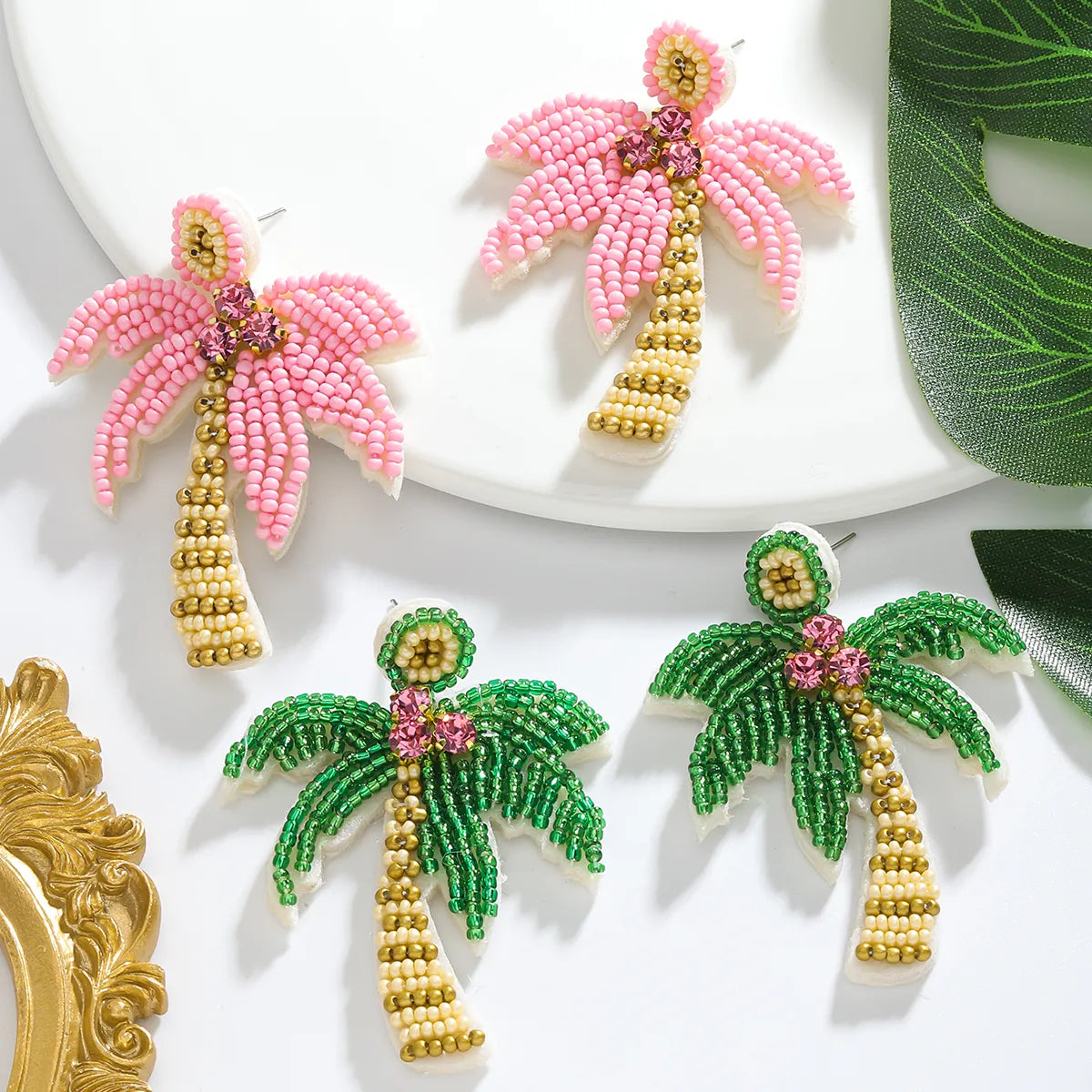 1 Pair Hawaiian Tropical Coconut Tree Inlay Seed Bead Rhinestones Drop Earrings