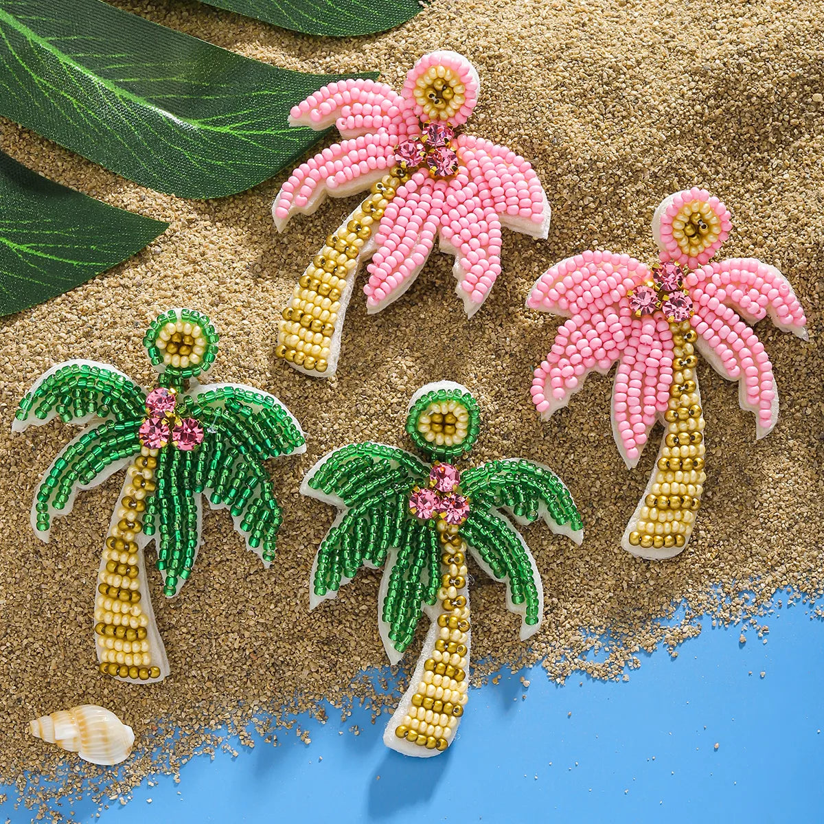 1 Pair Hawaiian Tropical Coconut Tree Inlay Seed Bead Rhinestones Drop Earrings