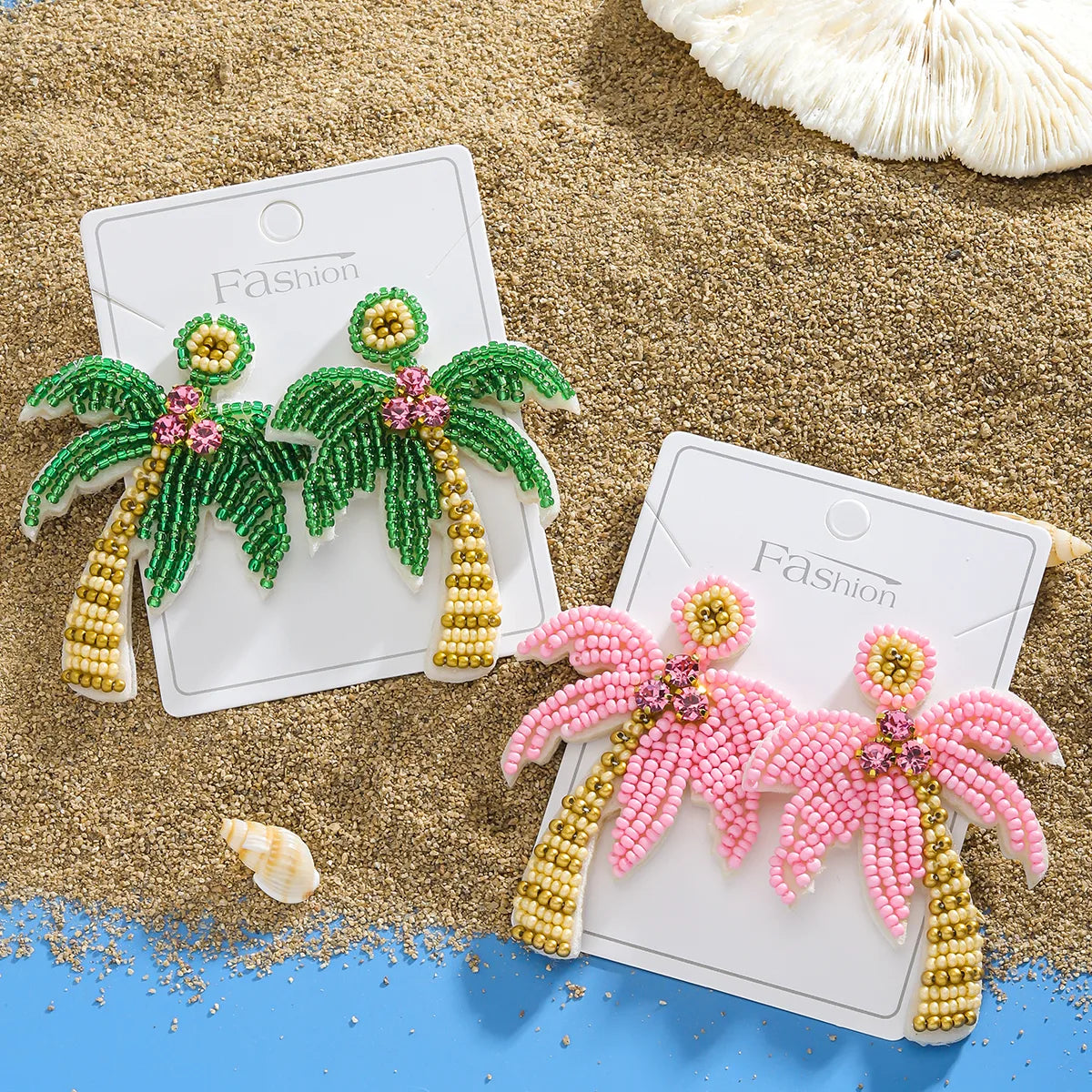 1 Pair Hawaiian Tropical Coconut Tree Inlay Seed Bead Rhinestones Drop Earrings