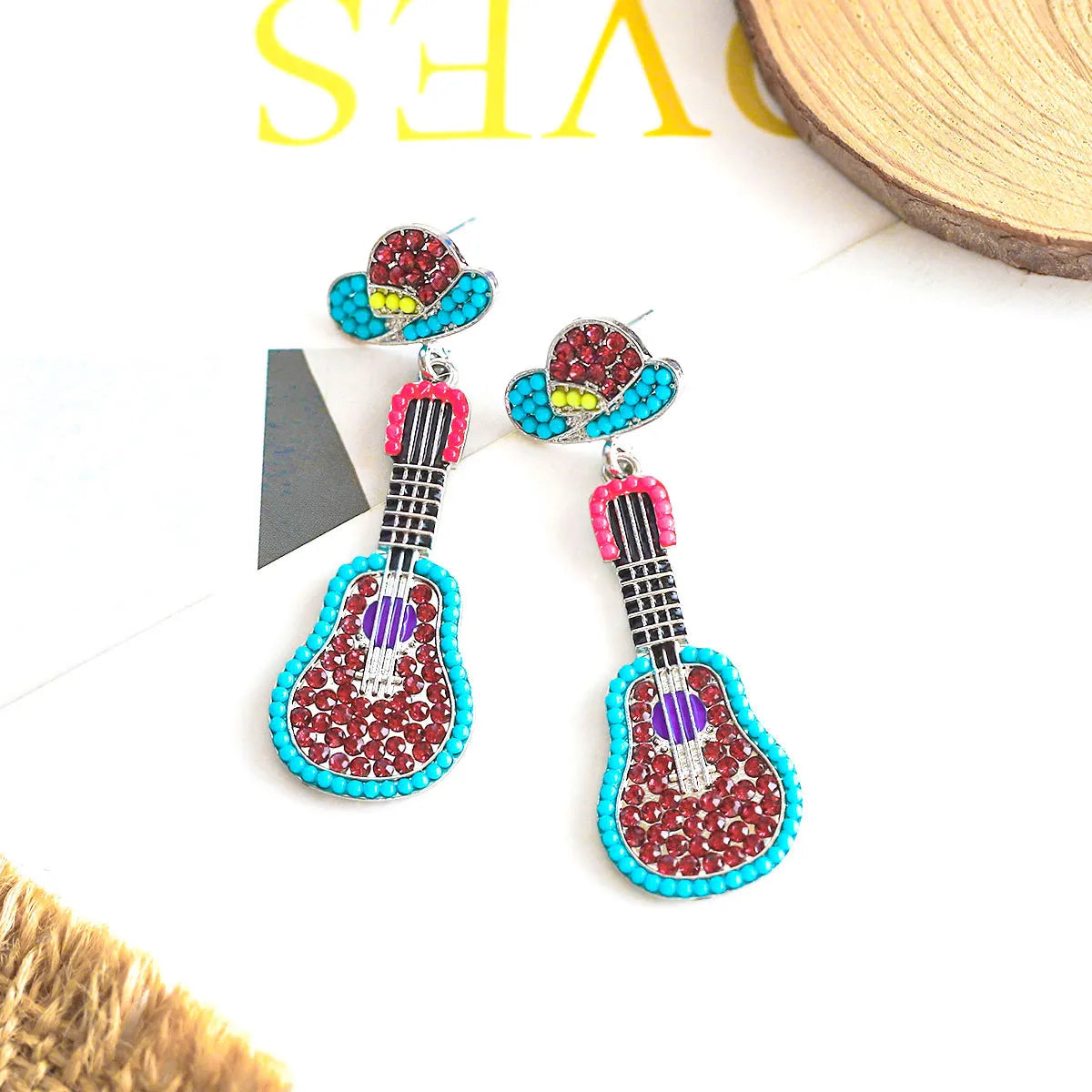 1 Pair Hawaiian Tropical Guitar Inlay Alloy Artificial Diamond Resin Drop Earrings