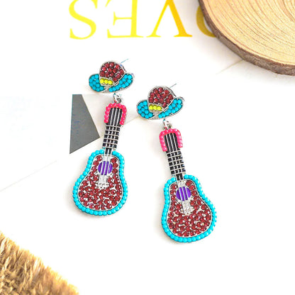 1 Pair Hawaiian Tropical Guitar Inlay Alloy Artificial Diamond Resin Drop Earrings