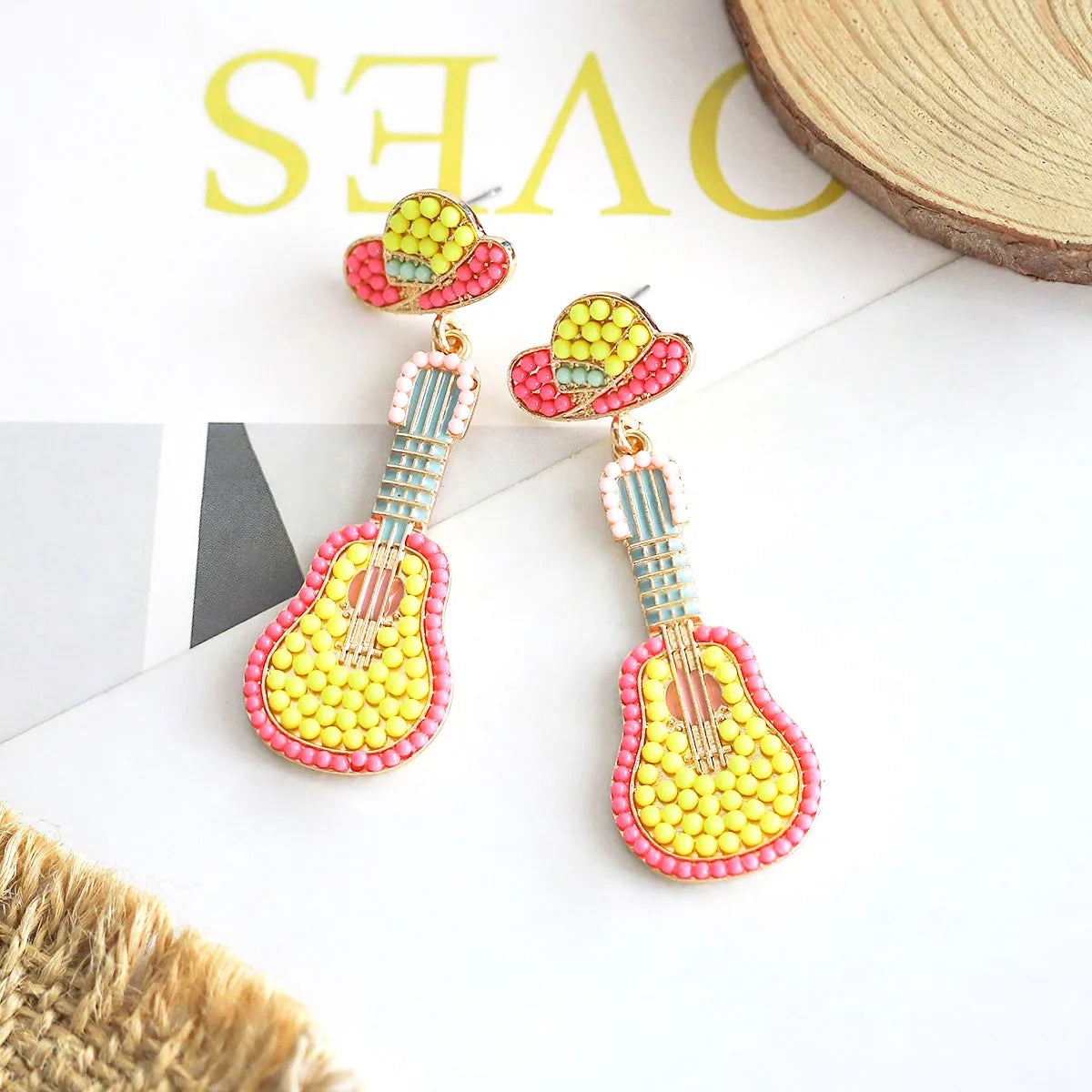 1 Pair Hawaiian Tropical Guitar Inlay Alloy Artificial Diamond Resin Drop Earrings